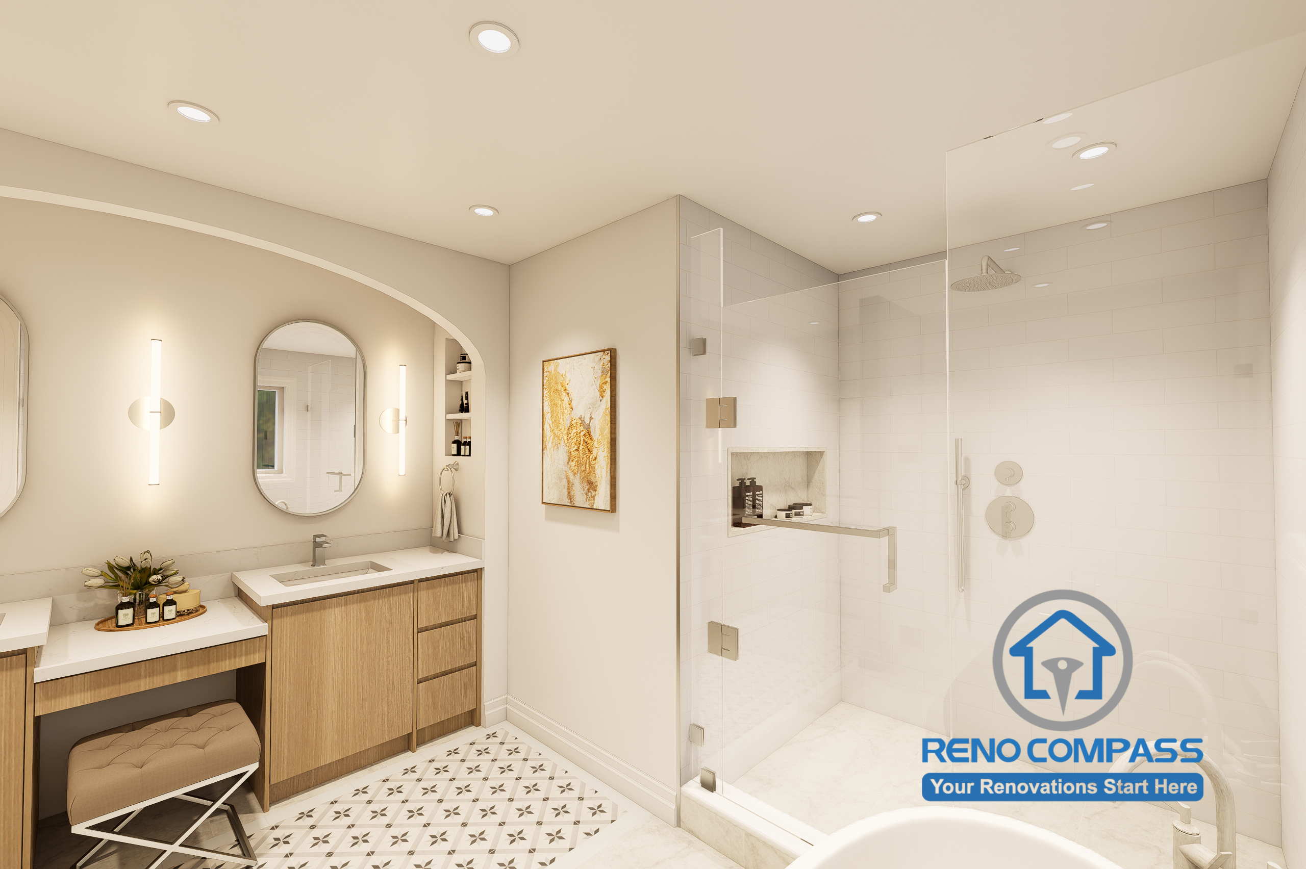 This 3D bathroom rendering showcases a proposed master bathroom renovation for a home in Markham, featuring a freestanding soaking tub, open layout, modern fixtures, premium finishes, and a luxurious spa-inspired design before construction.
