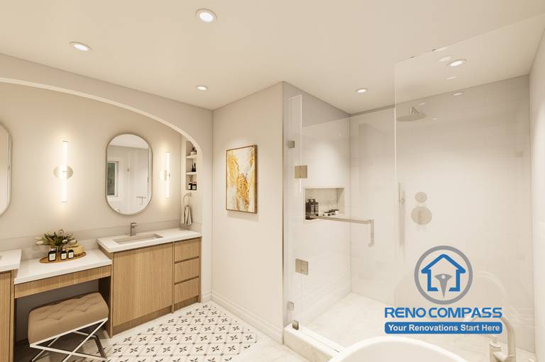 This 3D bathroom rendering showcases a proposed master bathroom renovation for a home in Markham, featuring a freestanding soaking tub, open layout, modern fixtures, premium finishes, and a luxurious spa-inspired design before construction.