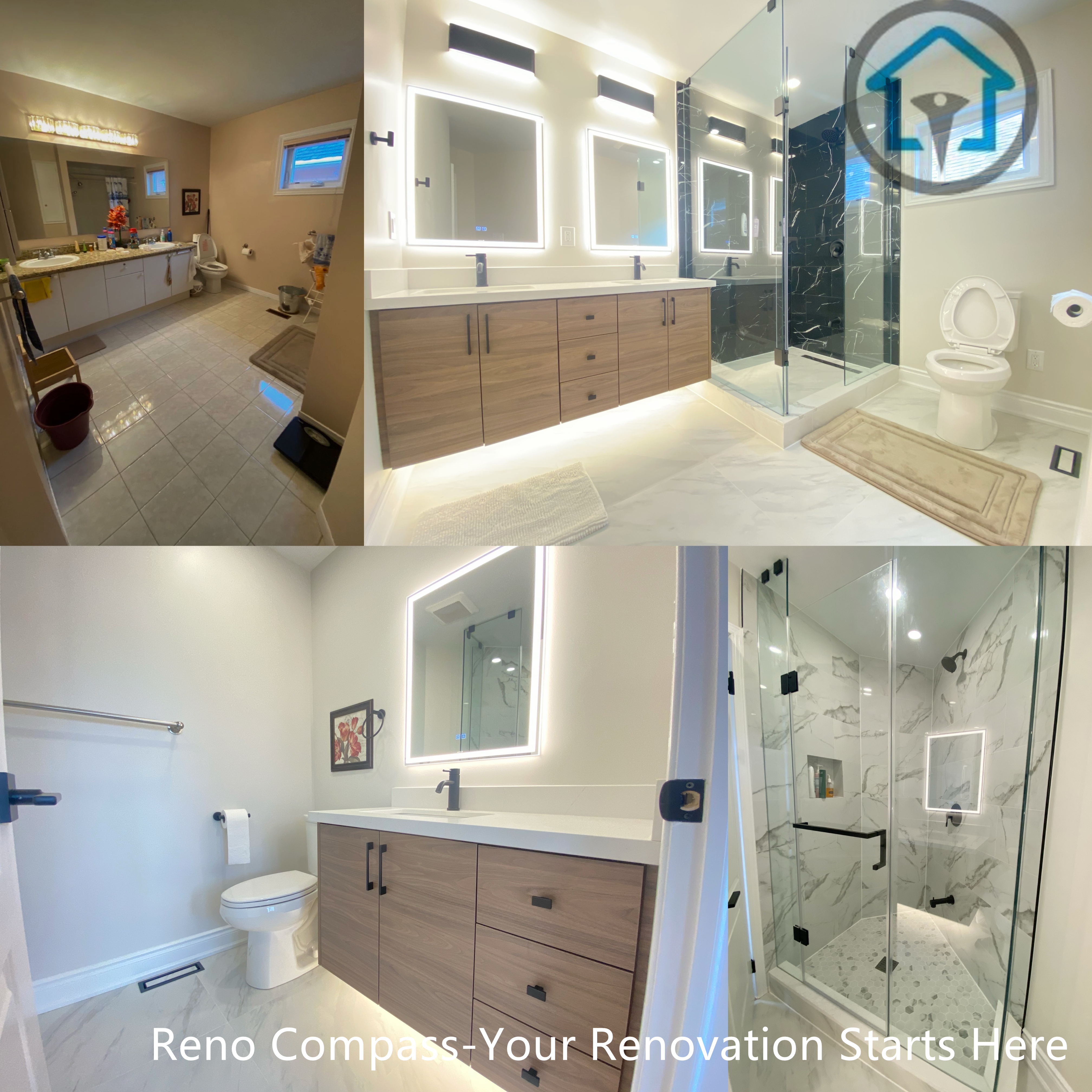 This Richmond Hill bathroom renovation showcases a complete transformation from an outdated single bathroom into two modern, functional spaces. The upgrade features custom vanities with LED mirrors, frameless glass showers, marble-style tiles, matte black fixtures, and improved lighting throughout. Smart layout planning maximizes space efficiency while enhancing comfort and property value. Completed by an experienced Toronto renovation company, this before-and-after project highlights quality craftsmanship and thoughtful bathroom design.