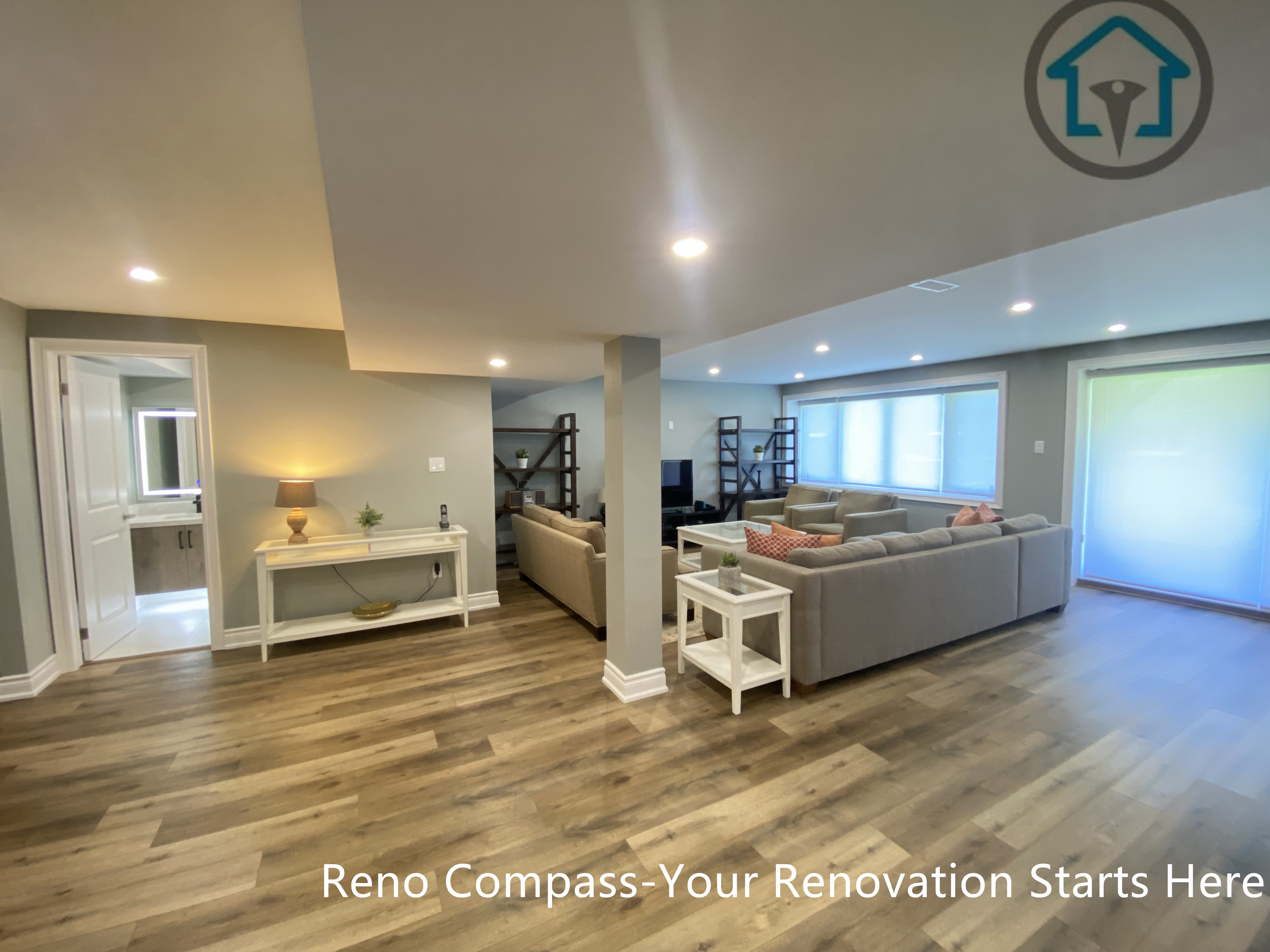Open-concept basement renovation in Vaughan with recessed lighting, wide plank flooring, and a spacious living area ideal for family gatherings and entertainment.