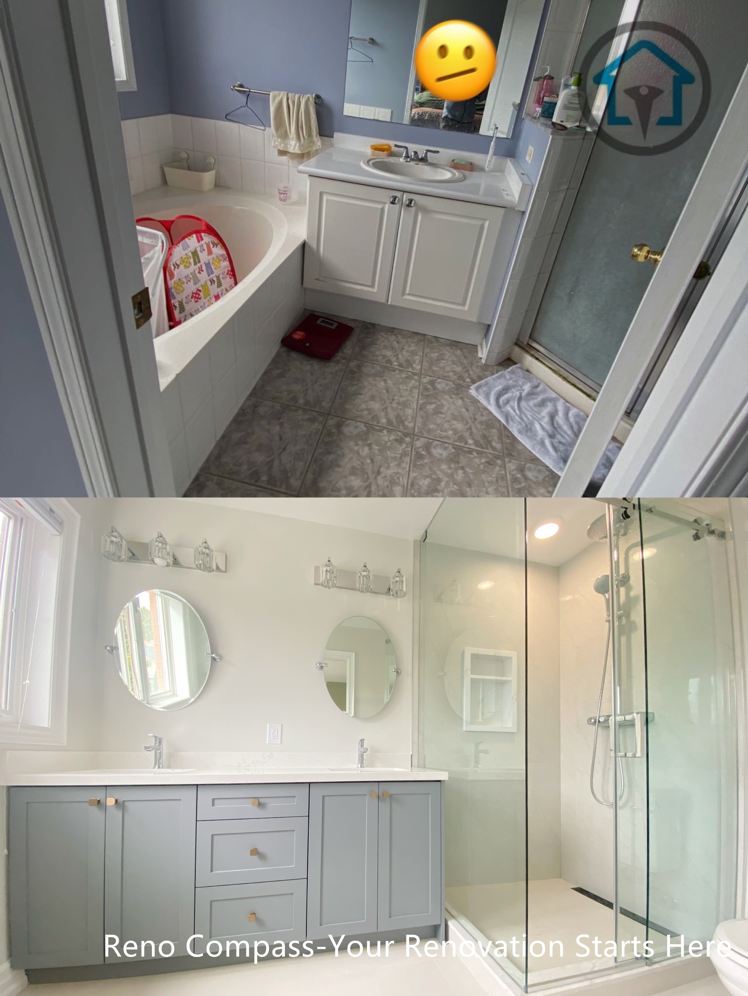 This image highlights the transformation of the bathroom from its original layout to a modern, refreshed design. The renovation improves spatial clarity, storage efficiency, and overall brightness by introducing a double vanity, frameless glass shower, and updated finishes. The result is a clean, functional bathroom designed to better support daily use.