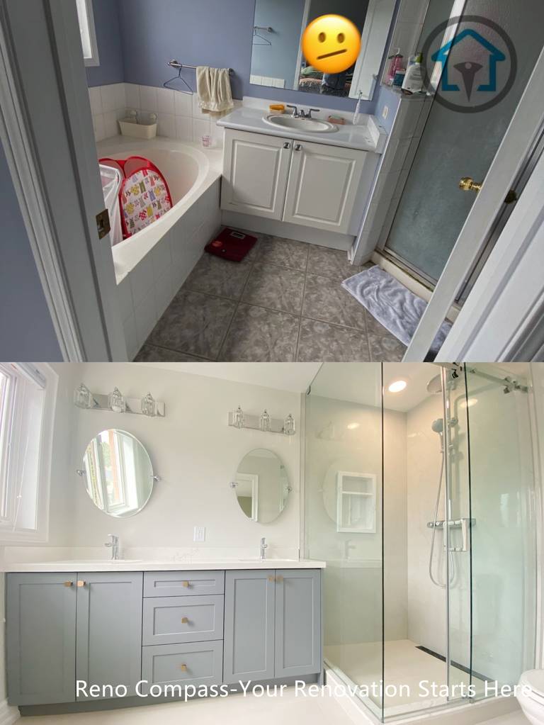 This image highlights the transformation of the bathroom from its original layout to a modern, refreshed design. The renovation improves spatial clarity, storage efficiency, and overall brightness by introducing a double vanity, frameless glass shower, and updated finishes. The result is a clean, functional bathroom designed to better support daily use.