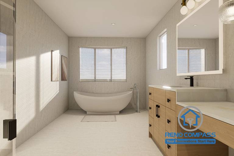Luxury ensuite bathroom design created for a Markham whole home renovation project. Featuring a freestanding soaking tub, custom vanity, quartz countertops, large-format tile finishes, and abundant natural light. The spacious layout is designed to create a relaxing spa-inspired retreat that combines comfort, elegance, and everyday functionality.