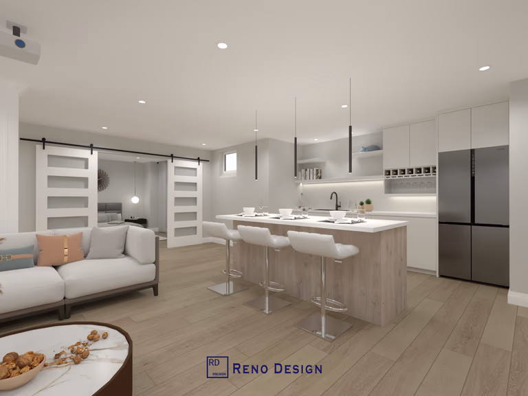 This kitchen design by Reno Compass features a beautiful wood-tone kitchen island that creates a warm, natural focal point, perfectly contrasted against sleek white perimeter cabinets. The island provides ample prep space, seating, and storage, exemplifying a modern yet inviting kitchen style. Ideal for inspiration on combining materials and tones in contemporary home renovation.