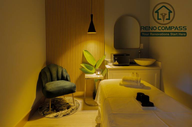 Spa treatment room completed as part of a North York beauty salon renovation. This space features professional spa equipment, glass partitioning, soft ambient lighting, and clean, moisture-resistant wall finishes. The layout is designed to support hygiene standards, client privacy, and a calm treatment environment, delivered by a professional Toronto renovation company.
