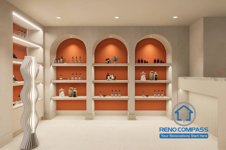 A product display area in a Markham medical aesthetic clinic renovation project, featuring arched shelving, Hermès orange accents, and integrated lighting to enhance brand presentation and client experience.