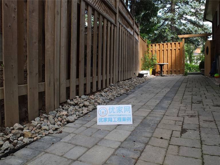This image shows the existing interlock walkway and side yard area in a North York landscaping renovation project. The original pavers, edging, and drainage conditions were evaluated to determine necessary upgrades before new interlocking work. Proper assessment of side yard access paths is essential to improve durability, water flow, and overall functionality in landscaping renovations.