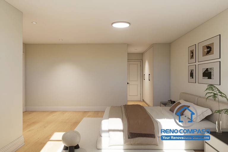 Primary bedroom design created for a Markham whole home renovation project. Featuring a spacious layout, custom built-in wardrobes, natural wood flooring, and warm neutral finishes. The design emphasizes comfort, functionality, and a calming atmosphere while maximizing storage and everyday livability.
