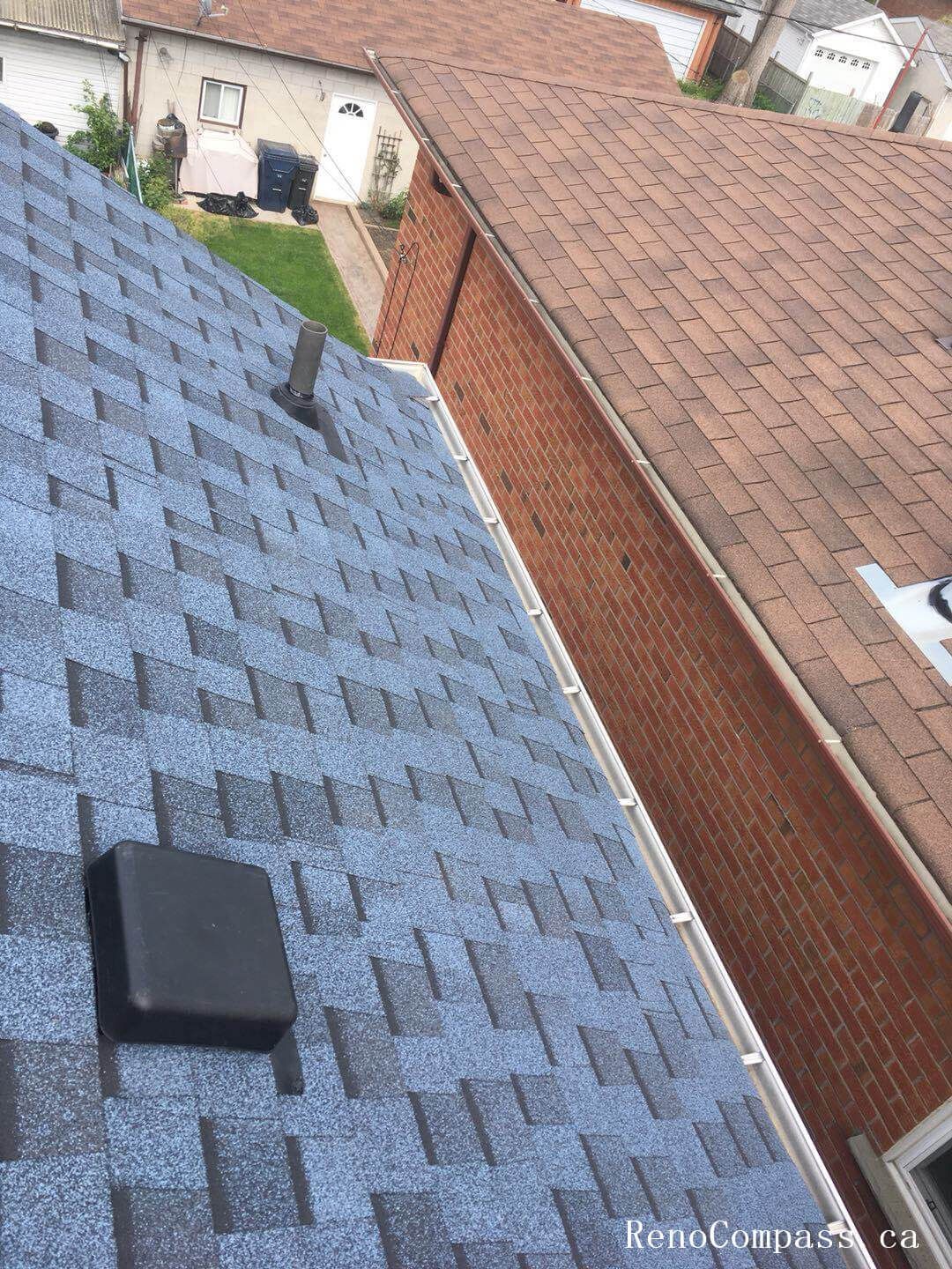 This image features the completed result of a residential roof replacement project in Toronto, showcasing newly installed asphalt shingles with a clean and uniform finish. The upgraded roofing system includes proper ventilation components and carefully aligned shingle placement to ensure long-term durability and protection against Toronto’s changing weather conditions. The project focuses on improving structural reliability, waterproof performance, and overall exterior appearance. Installed by a professional Toronto roofing and renovation team, the new roof enhances curb appeal while providing dependable, energy-efficient protection for the home throughout all seasons.