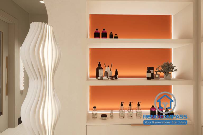 A modern product display area in a Markham medical aesthetic clinic renovation, featuring illuminated shelving, clean layout, and curated skincare products to enhance retail experience and brand presentation.