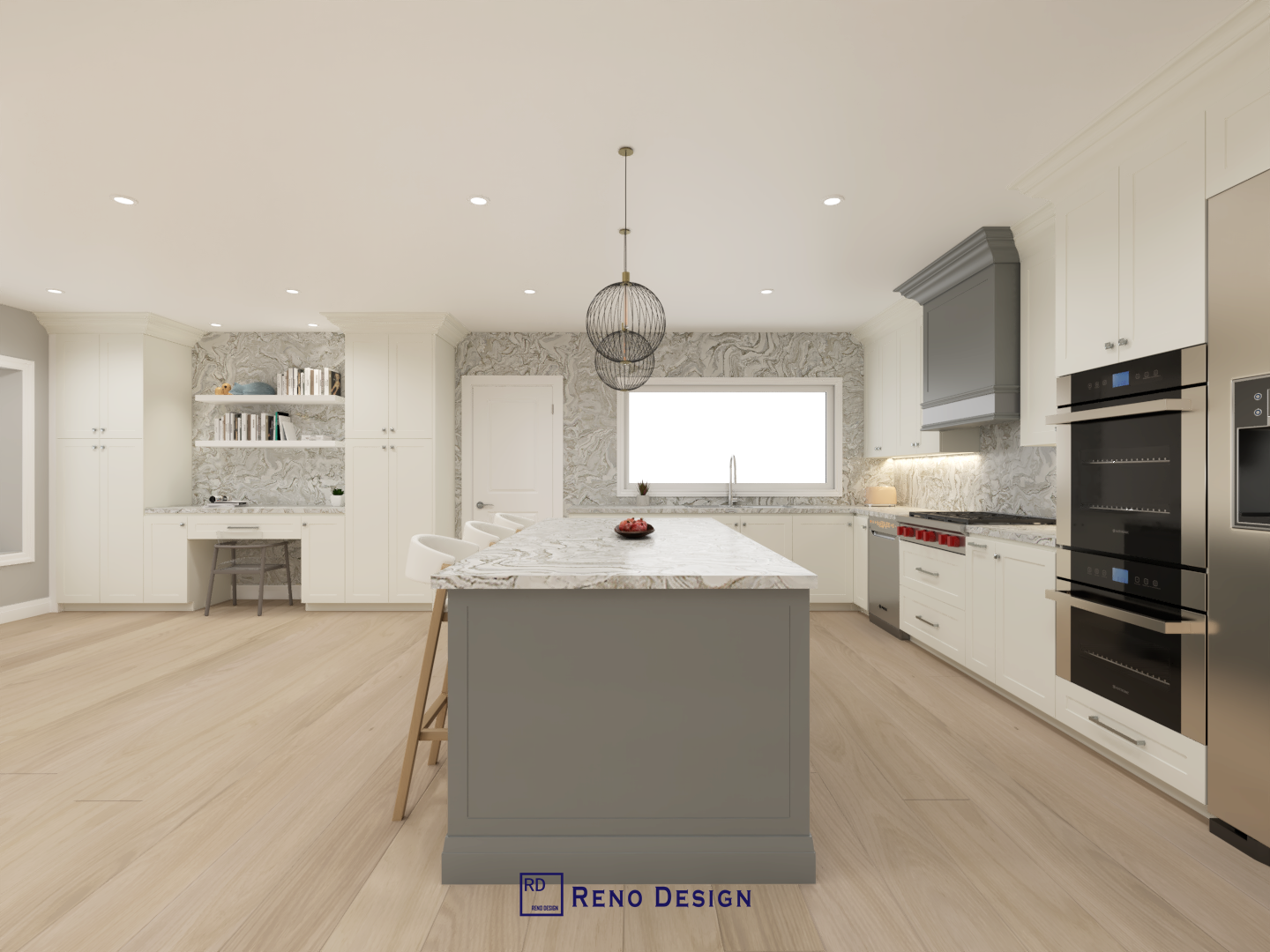 This image presents a symmetrical, front-facing view of the kitchen island within a Toronto bungalow interior design project. The layout emphasizes balance and clarity, with custom cabinetry, integrated appliances, and a marble-pattern backsplash creating a cohesive visual rhythm. Recessed lighting and a sculptural pendant fixture further enhance the kitchen’s clean and contemporary character. Designed and completed by Reno Compass, this kitchen reflects a refined approach to modern interior design for single-level homes in Toronto.