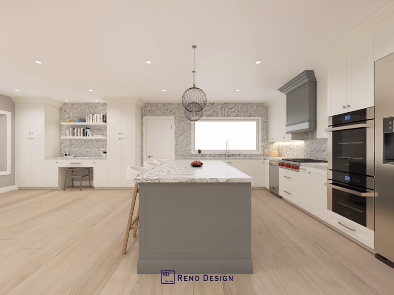 This image presents a symmetrical, front-facing view of the kitchen island within a Toronto bungalow interior design project. The layout emphasizes balance and clarity, with custom cabinetry, integrated appliances, and a marble-pattern backsplash creating a cohesive visual rhythm. Recessed lighting and a sculptural pendant fixture further enhance the kitchen’s clean and contemporary character. Designed and completed by Reno Compass, this kitchen reflects a refined approach to modern interior design for single-level homes in Toronto.