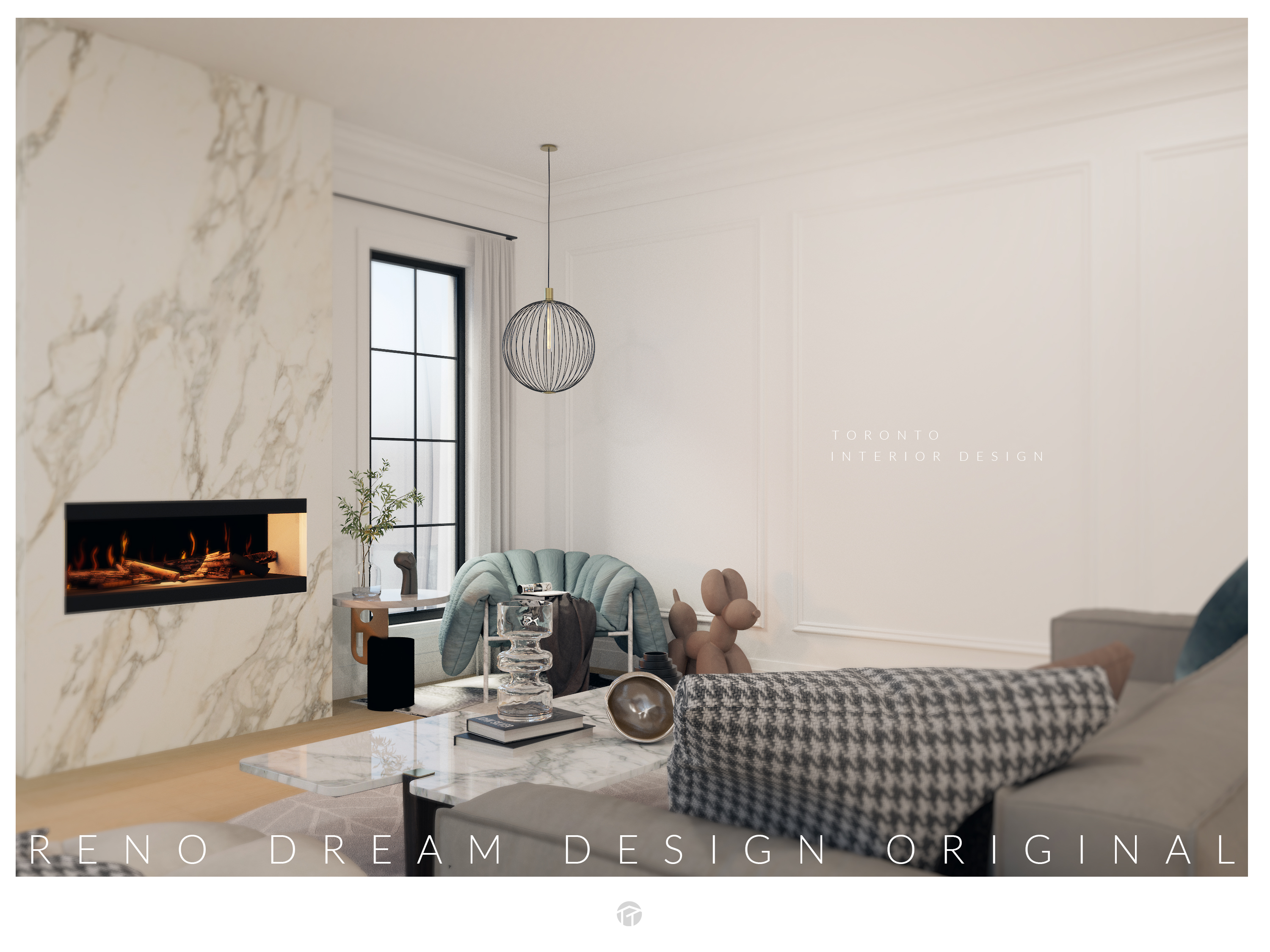 Modern reading corner and lounge area interior design in North York Toronto showcasing a marble fireplace feature wall, designer lounge chair, soft neutral palette, and contemporary pendant lighting. This warm and inviting residential space reflects Reno Compass’ expertise in creating elegant relaxation zones, blending luxury finishes with functional comfort for sophisticated Toronto home interiors.