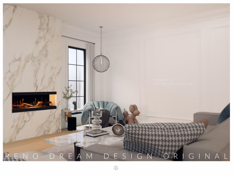 Modern reading corner and lounge area interior design in North York Toronto showcasing a marble fireplace feature wall, designer lounge chair, soft neutral palette, and contemporary pendant lighting. This warm and inviting residential space reflects Reno Compass’ expertise in creating elegant relaxation zones, blending luxury finishes with functional comfort for sophisticated Toronto home interiors.