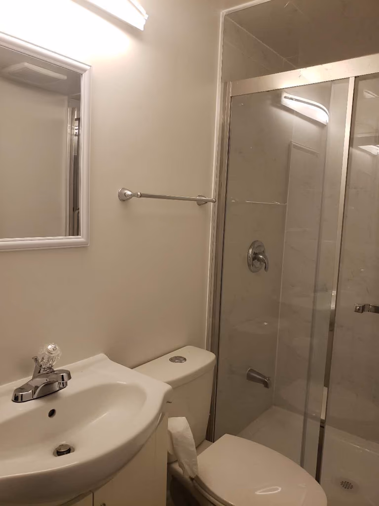 This Markham basement bathroom renovation features a modern glass-enclosed shower with clean tile finishes and updated plumbing fixtures. The space is designed for practicality and durability, incorporating a clear sliding glass door, neutral wall tiles, and efficient lighting to enhance brightness in the basement environment. Compact layout planning ensures comfortable use while maintaining a clean and contemporary look. This professionally completed basement bathroom highlights quality workmanship and thoughtful design, making it a functional addition to a fully finished basement in Markham.