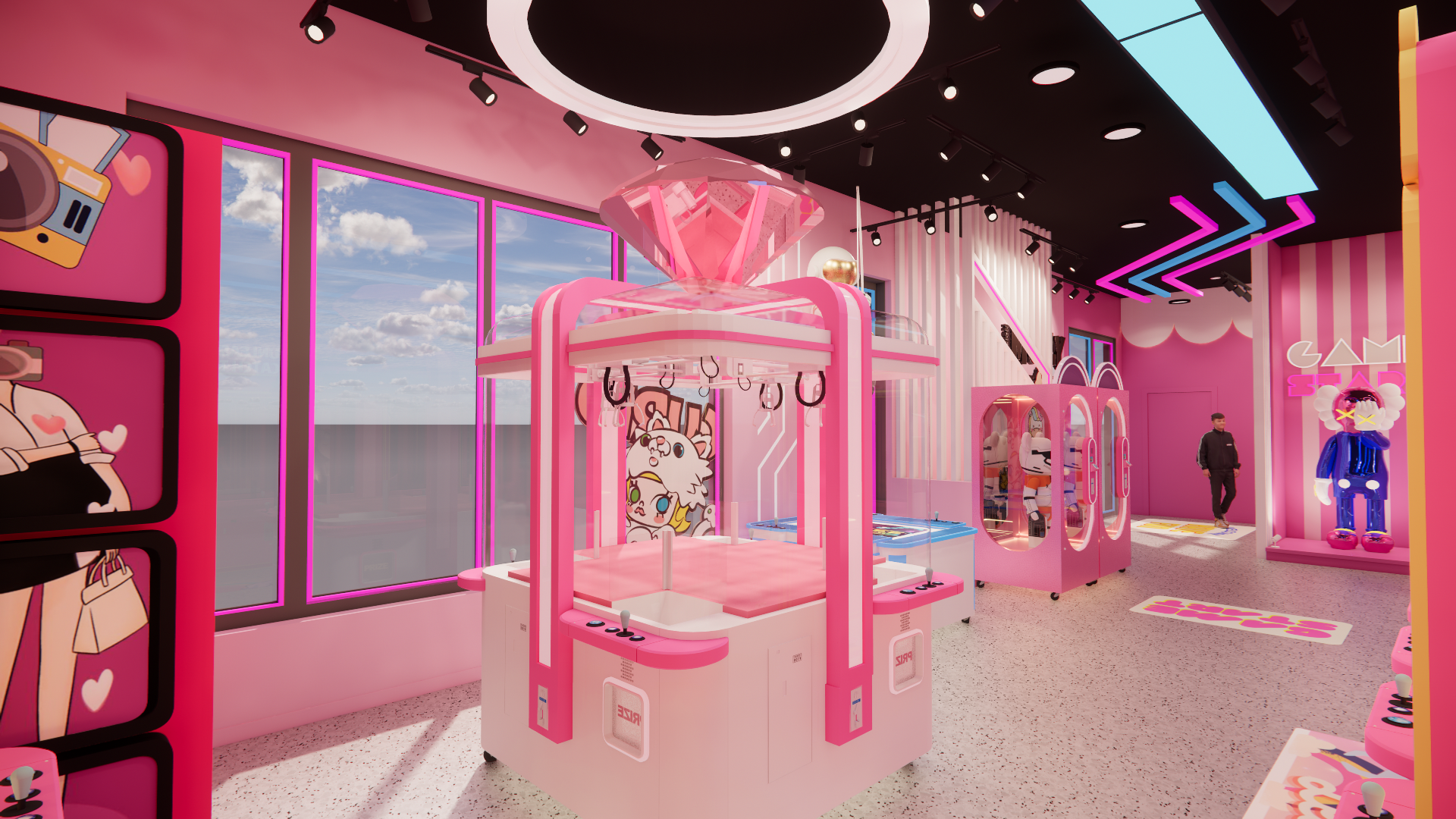 An interactive multiplayer game zone inside a Waterloo claw machine arcade, featuring a four-player arcade machine set within a pink-themed entertainment space. The open layout, themed lighting, and surrounding claw machines encourage group participation and social interaction, creating an engaging and dynamic gaming experience ideal for modern arcade and family entertainment centers.