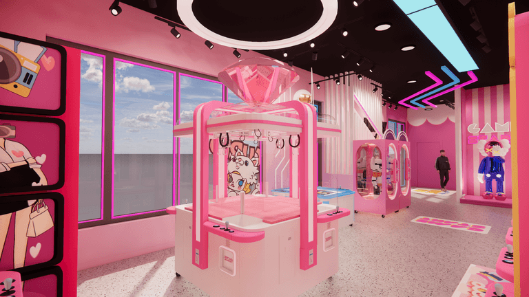 An interactive multiplayer game zone inside a Waterloo claw machine arcade, featuring a four-player arcade machine set within a pink-themed entertainment space. The open layout, themed lighting, and surrounding claw machines encourage group participation and social interaction, creating an engaging and dynamic gaming experience ideal for modern arcade and family entertainment centers.