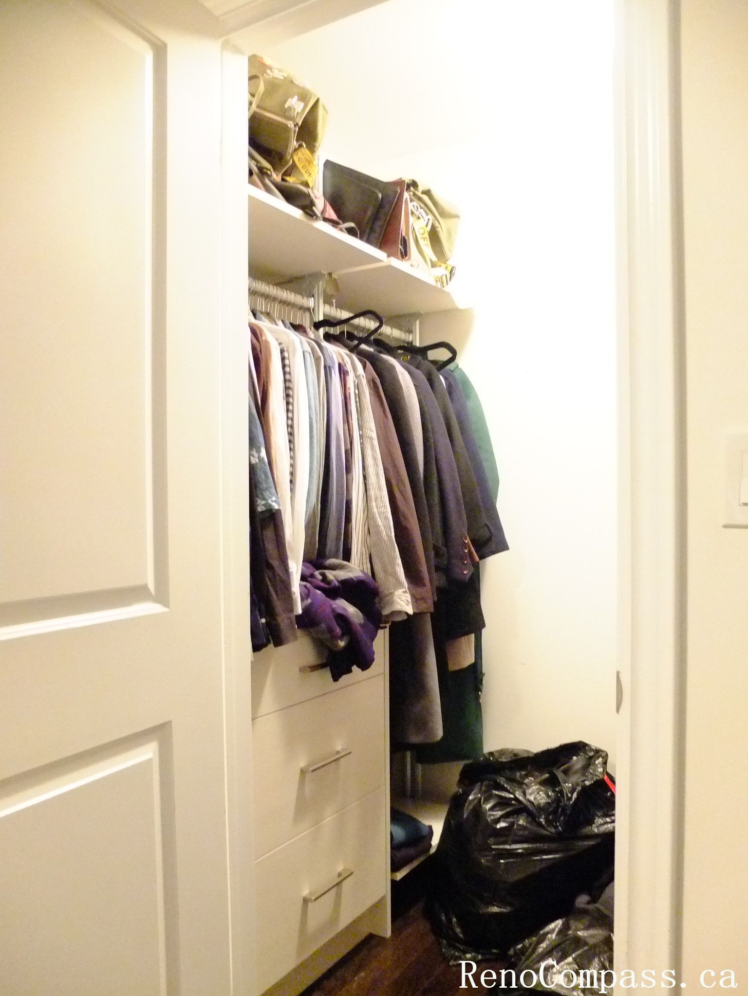 This Toronto closet cabinet upgrade features a clean sliding door system with a functional built-in drawer unit and hanging space. The design maximizes storage efficiency while keeping a modern and minimal look, perfect for organizing clothes and daily essentials in compact bedrooms.
