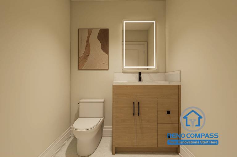 Elegant powder room design created for a Markham whole home renovation project. Featuring a custom wood vanity, quartz countertop, illuminated mirror, matte black fixtures, and warm neutral finishes. The compact layout maximizes functionality while maintaining a clean and sophisticated aesthetic.