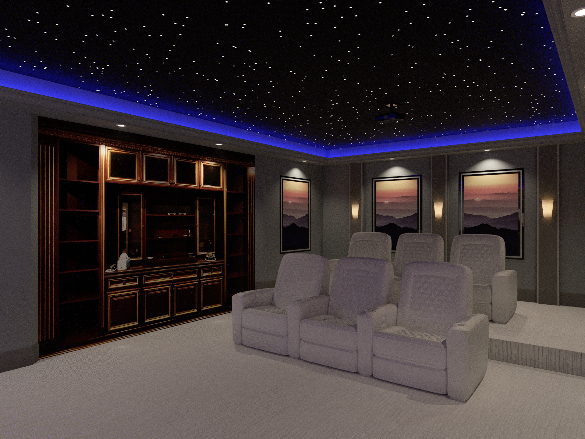 This Aurora home theater design highlights a star ceiling with ambient LED lighting, tiered cinema seating, and custom built-in cabinetry, creating a refined and immersive home cinema atmosphere.