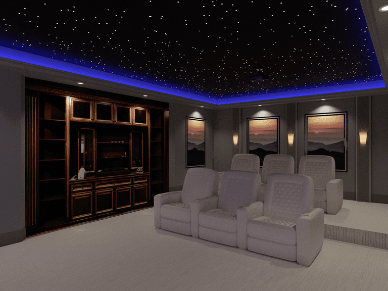 This Aurora home theater design highlights a star ceiling with ambient LED lighting, tiered cinema seating, and custom built-in cabinetry, creating a refined and immersive home cinema atmosphere.