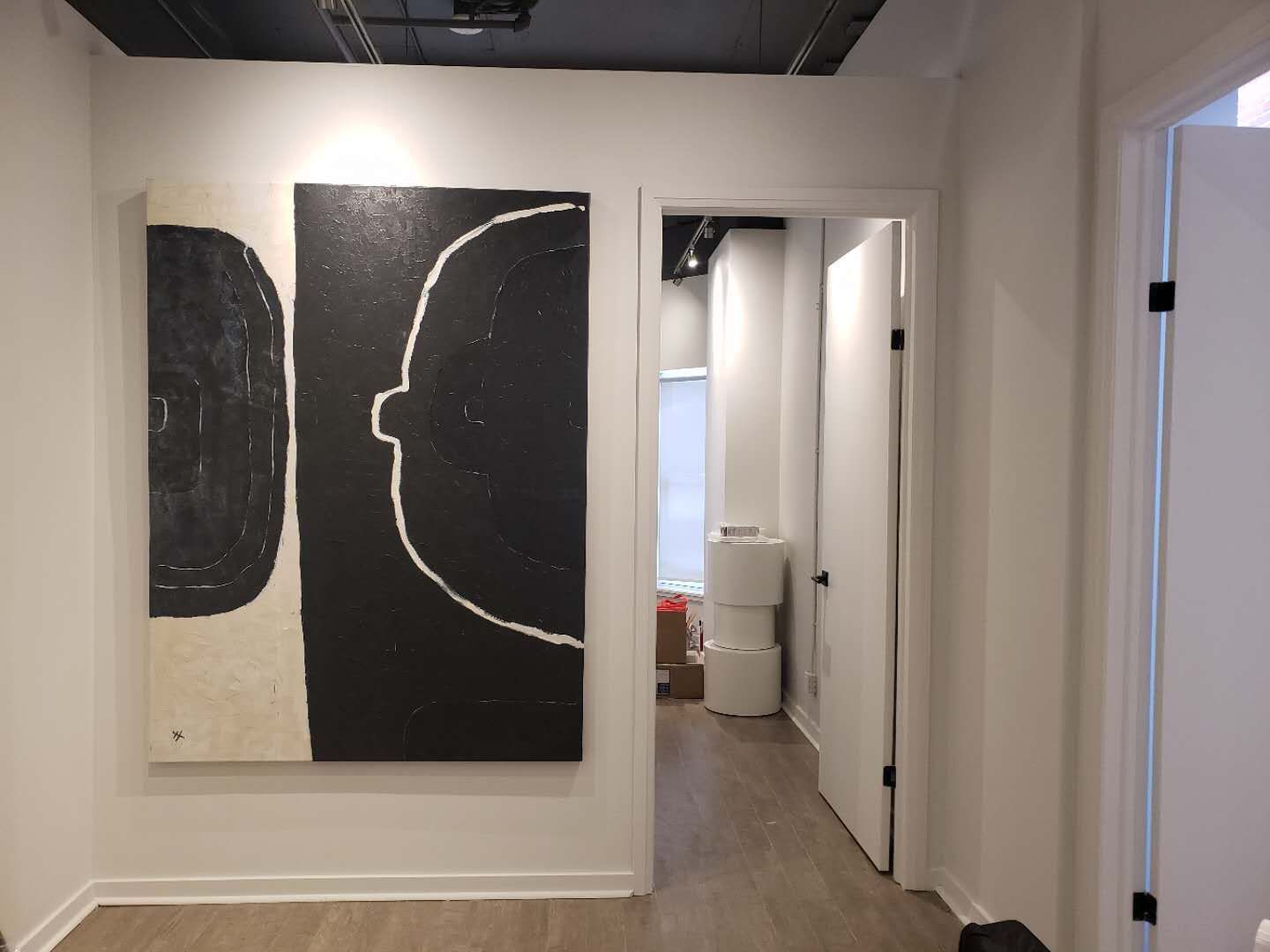 This image showcases a modern hallway and feature art wall within a beauty and massage spa, completed by a professional Toronto renovation company specializing in commercial interior renovations. The space highlights clean wall finishes, contemporary artwork installation, and strategic lighting that enhances visual depth and brand identity. Durable wood-look flooring and a streamlined corridor layout ensure smooth client flow between treatment rooms while maintaining a calm and upscale spa atmosphere. This design approach is ideal for wellness clinics, beauty studios, and medical spa interiors across Toronto and the GTA seeking a modern, welcoming, and professionally renovated environment.