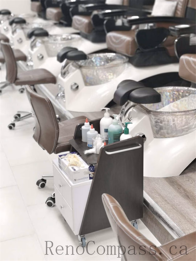 Bright and modern Toronto nail spa commercial renovation featuring clean white manicure stations, ergonomic salon chairs, and a spacious open layout. This professional beauty salon interior upgrade focuses on hygiene, lighting, and efficient workstation design to enhance both customer experience and staff workflow. Commercial nail salon renovation completed by Reno Compass Inc., a reliable Toronto renovation company specializing in retail and beauty spaces.