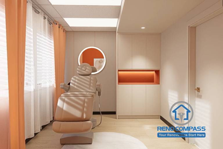 A modern treatment room in a Markham medical aesthetic clinic renovation project, featuring Hermès orange accents, soft natural lighting, and a clean layout designed to enhance client comfort and privacy.