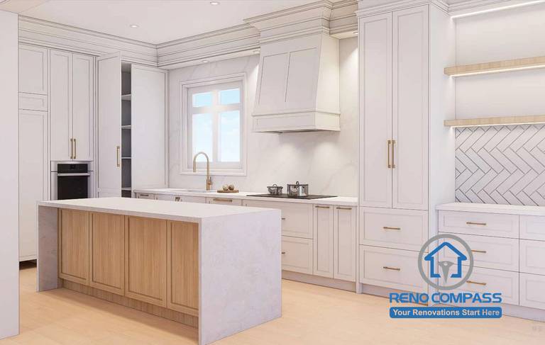 Open-concept kitchen design in Toronto interior design project, featuring a functional island, custom cabinetry, and optimized layout for improved workflow and storage efficiency.