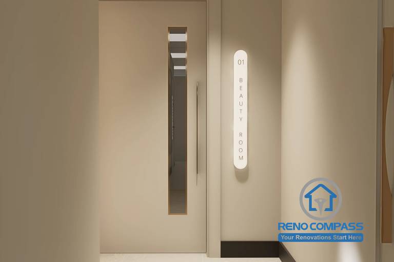 A beauty room entrance in a Markham medical aesthetic clinic renovation project, featuring clean signage design, modern door detailing, and clear wayfinding to enhance client navigation and privacy.