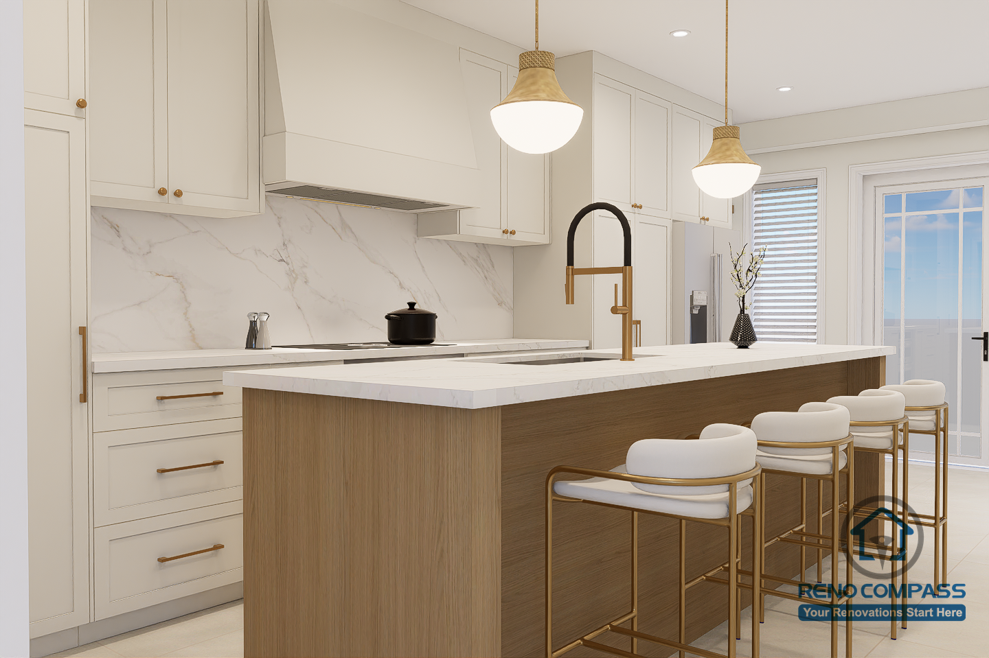 This Oakville kitchen renovation highlights the island’s role as a casual dining and gathering space, featuring integrated seating, warm wood finishes, and soft pendant lighting. The extended countertop allows the kitchen to function beyond cooking, supporting everyday meals, conversation, and family interaction. Clean cabinetry lines and balanced proportions maintain visual order while enhancing comfort. Completed by Reno Compass, this design reflects a thoughtful approach to modern Oakville kitchen renovation that blends functionality with lived-in warmth.