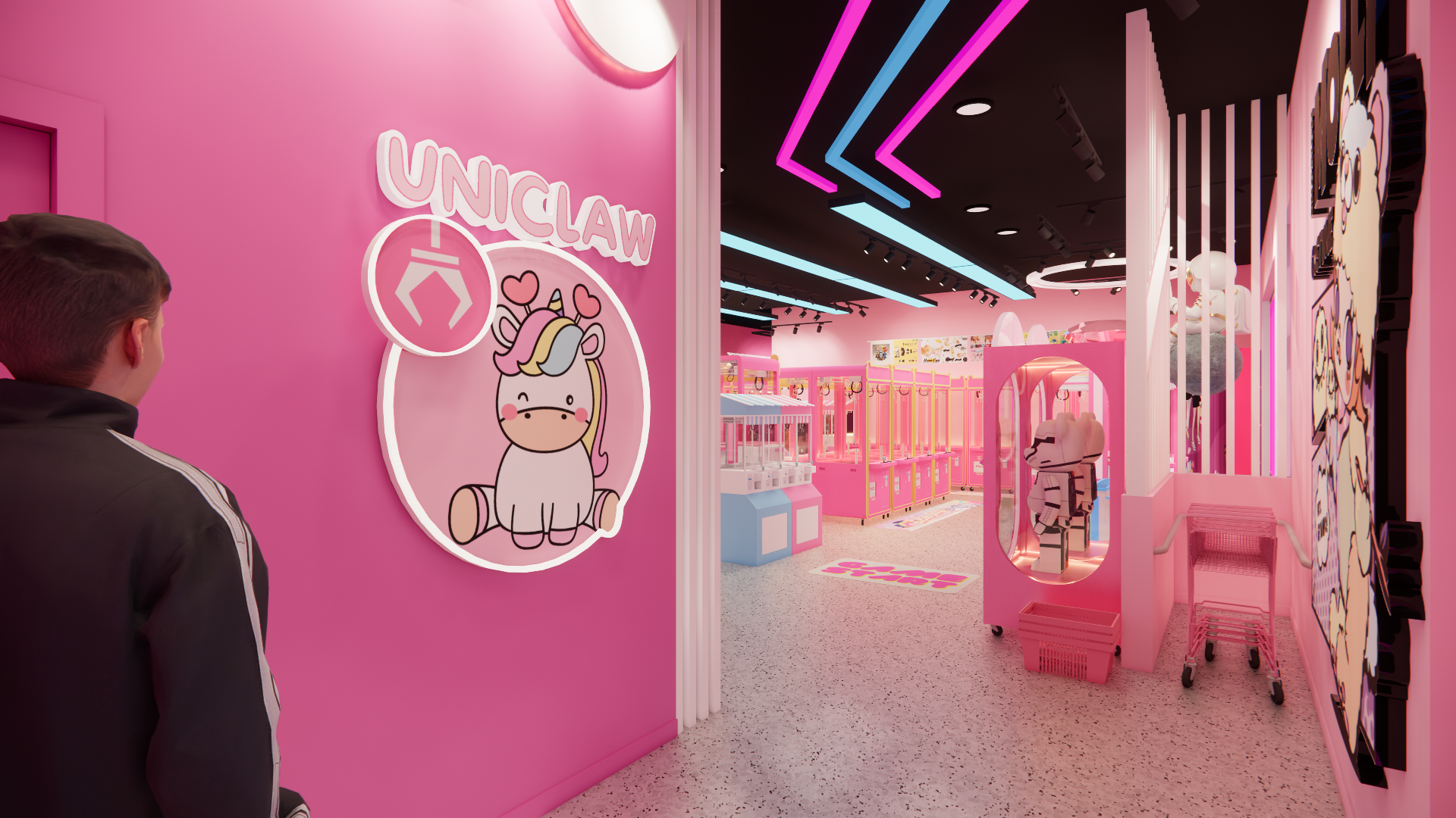 An interactive multiplayer game zone inside a Waterloo claw machine arcade, featuring a four-player arcade machine set within a pink-themed entertainment space. The open layout, themed lighting, and surrounding claw machines encourage group participation and social interaction, creating an engaging and dynamic gaming experience ideal for modern arcade and family entertainment centers.