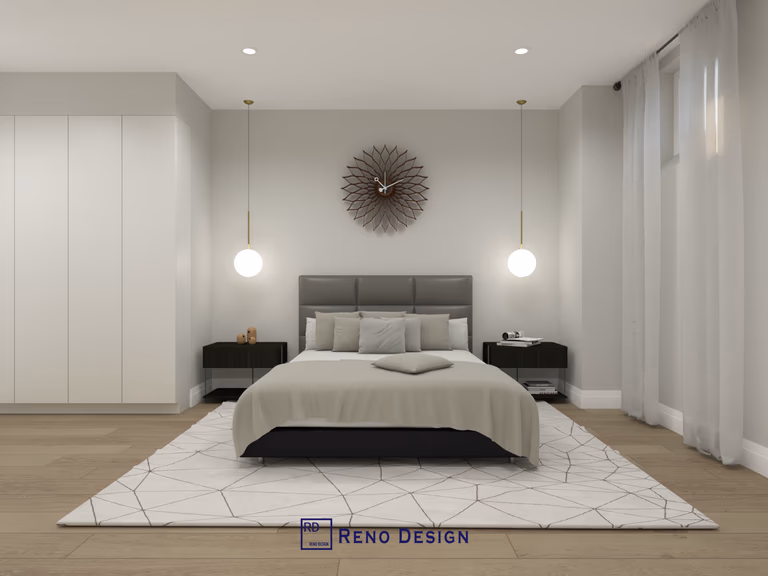 This basement bedroom is part of a 1250 sqft modern basement renovation project located in the Aurora community of the Greater Toronto Area. Designed with a clean and contemporary style, the bedroom features a neutral color palette, efficient lighting, and a comfortable layout that enhances privacy and functionality. The renovation transforms the basement into a practical living space, adding flexibility and value to the home, completed by a professional Toronto renovation company.