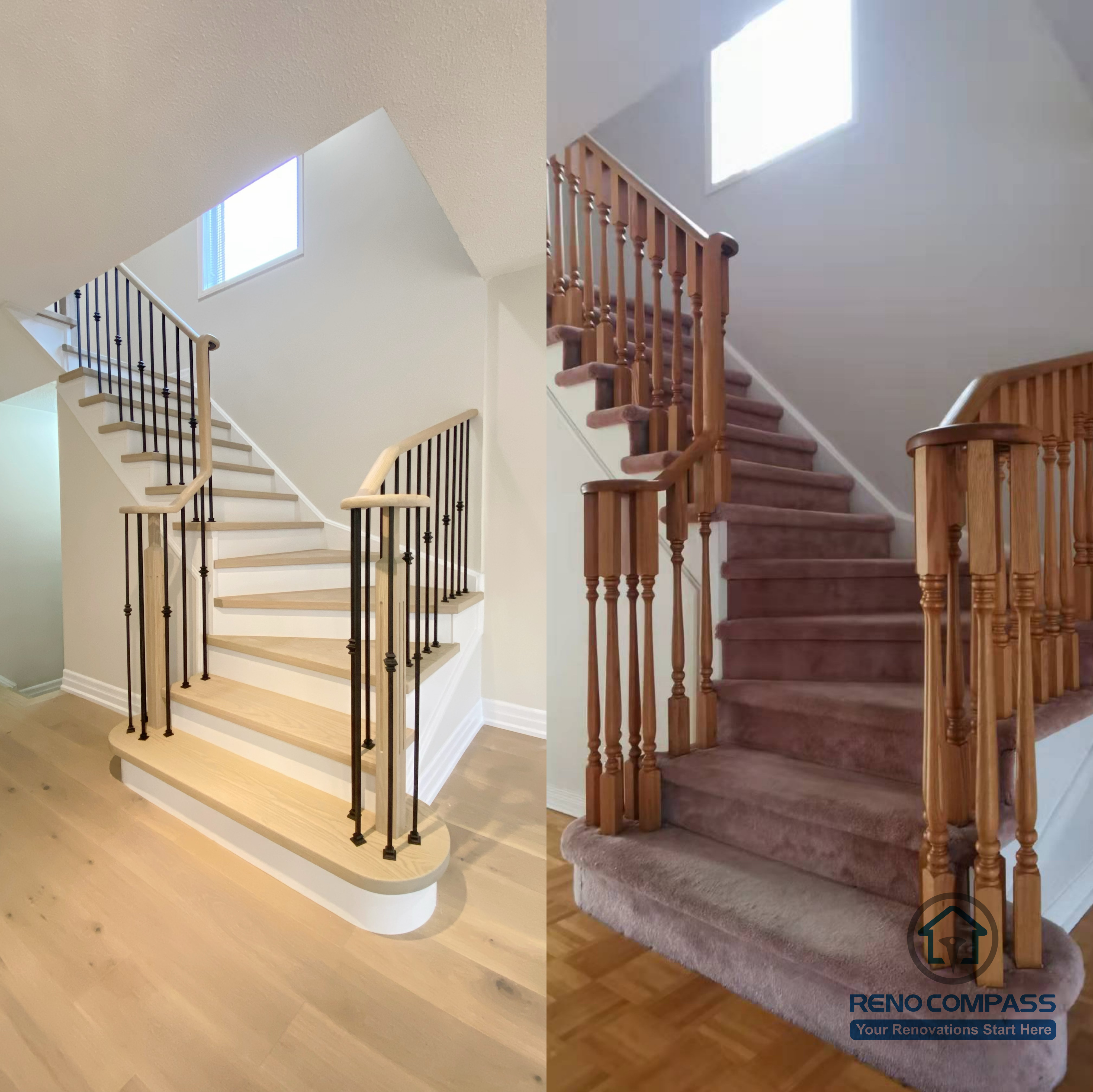 This Markham interior renovation highlights a staircase remodel before and after transformation. The outdated carpeted stairs and traditional wood railings were upgraded to a modern staircase featuring hardwood steps, clean white risers, and sleek black metal railings. Improved natural light and updated finishes enhance both safety and visual flow between floors. Completed by an experienced Toronto renovation company, this staircase renovation adds modern character and long-term value to the Markham home.