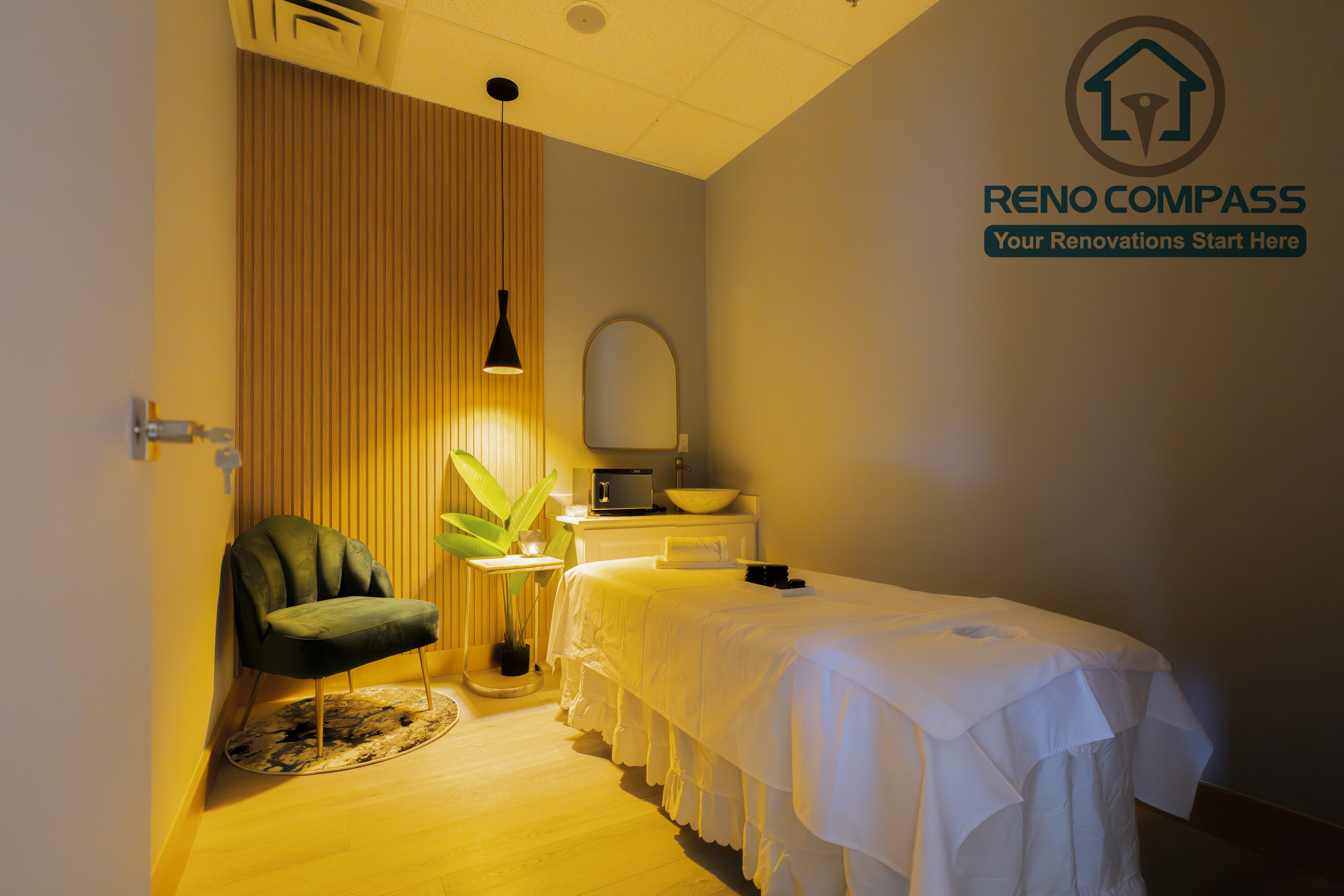 Spa treatment room completed as part of a North York beauty salon renovation. This space features professional spa equipment, glass partitioning, soft ambient lighting, and clean, moisture-resistant wall finishes. The layout is designed to support hygiene standards, client privacy, and a calm treatment environment, delivered by a professional Toronto renovation company.
