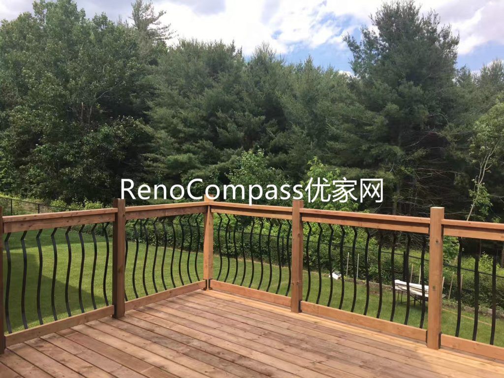 Newly upgraded backyard wood deck in Richmond Hill featuring premium pressure-treated wood flooring and modern black metal railing. This outdoor renovation enhances backyard usability, safety, and scenic views while creating a warm and durable outdoor living space perfect for relaxation and entertaining.