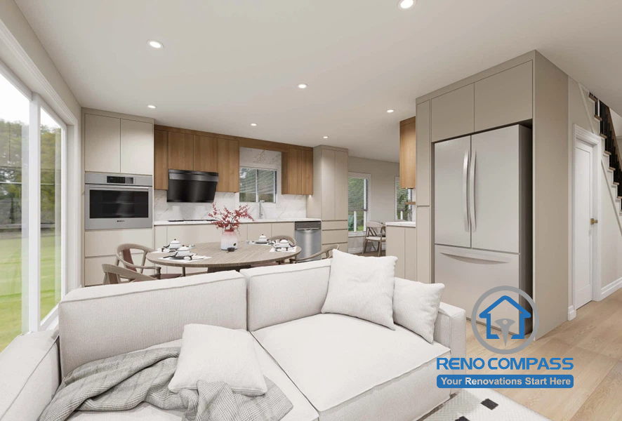 A modern open-concept main floor interior design project in Scarborough featuring custom cabinetry, warm wood finishes, improved natural lighting, and seamless kitchen, dining, and living space integration.