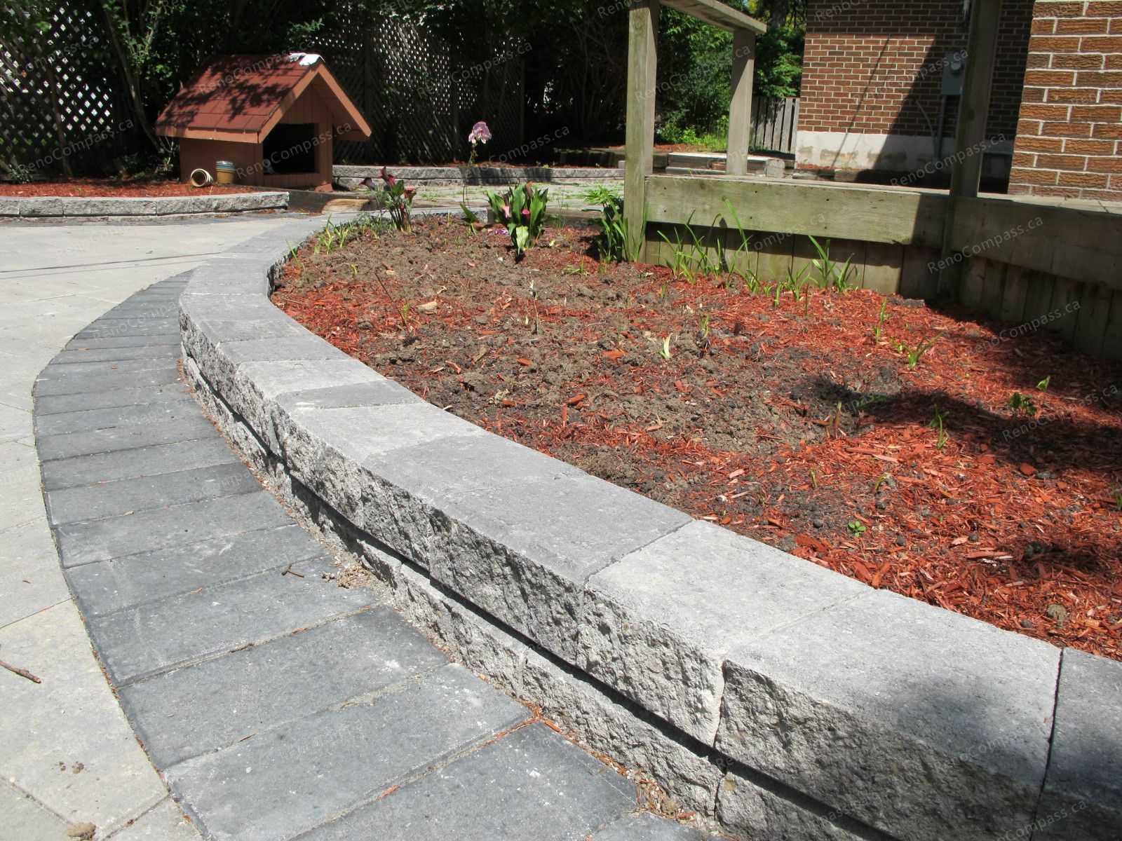 This Markham backyard landscaping project features a professionally installed interlock walkway with curved stone borders and a raised garden bed design. The combination of durable paving stones and clean edging creates a neat, modern outdoor layout that enhances both functionality and visual appeal. Completed by Reno Compass Inc., this project demonstrates expert craftsmanship in interlock installation and garden landscaping, providing homeowners with a low-maintenance and stylish outdoor environment.