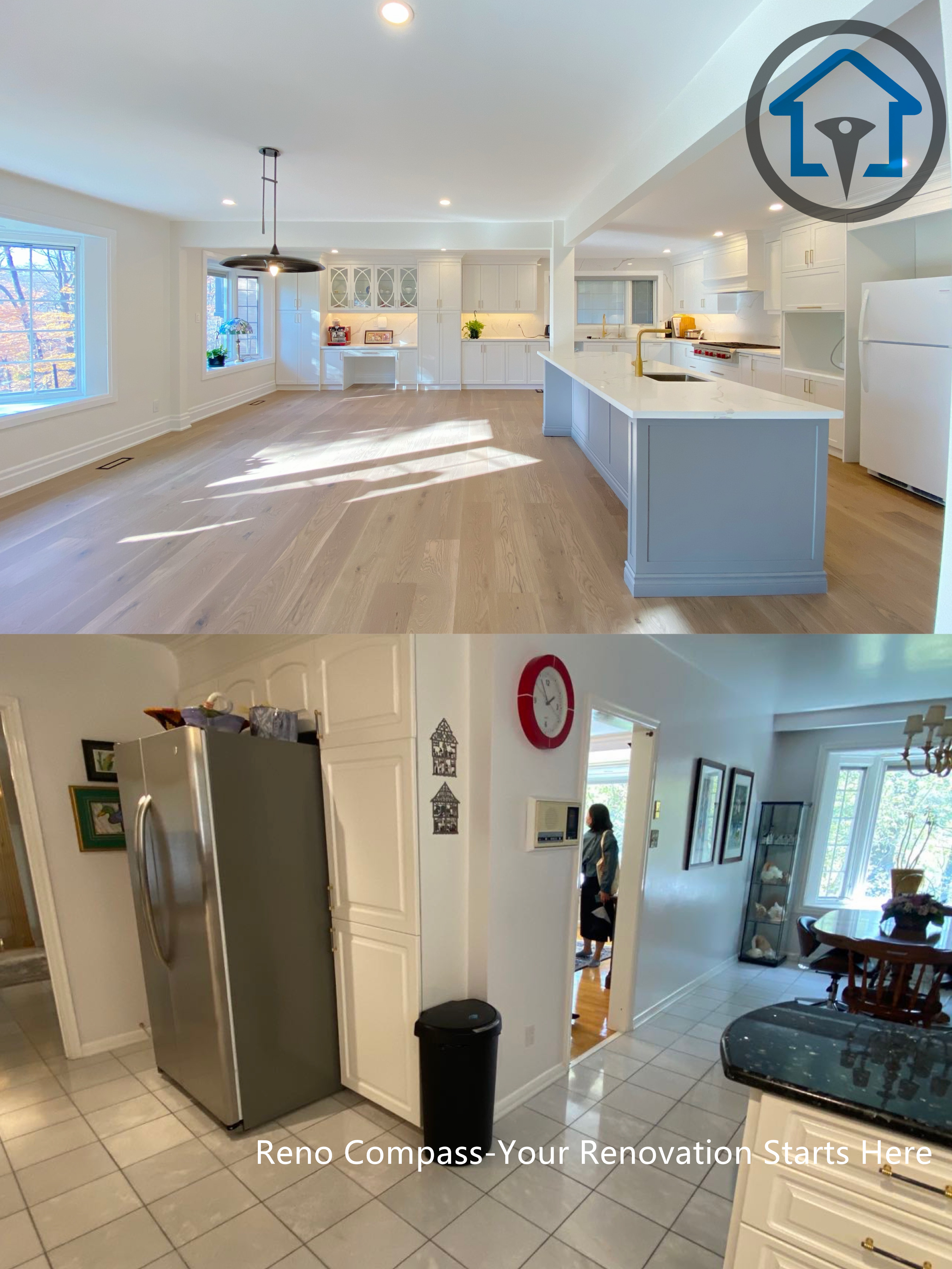 This before-and-after comparison showcases a North York house renovation that transformed a closed, segmented kitchen into a bright open-concept space. The renovation introduced a large central island, improved natural light flow, and upgraded finishes, creating a more functional and visually connected kitchen and living area suited for modern family living.