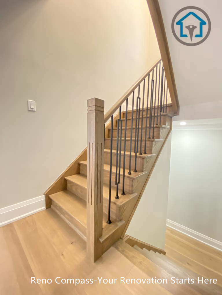 This image showcases a completed flooring and staircase renovation project in Richmond Hill, featuring modern wood stair treads, matching hardwood flooring, and sleek black iron railings. The updated staircase design enhances safety, flow, and visual continuity between levels, creating a bright and contemporary interior look. Completed by an experienced Toronto renovation company, the project focuses on durable materials, clean detailing, and long-term residential use.