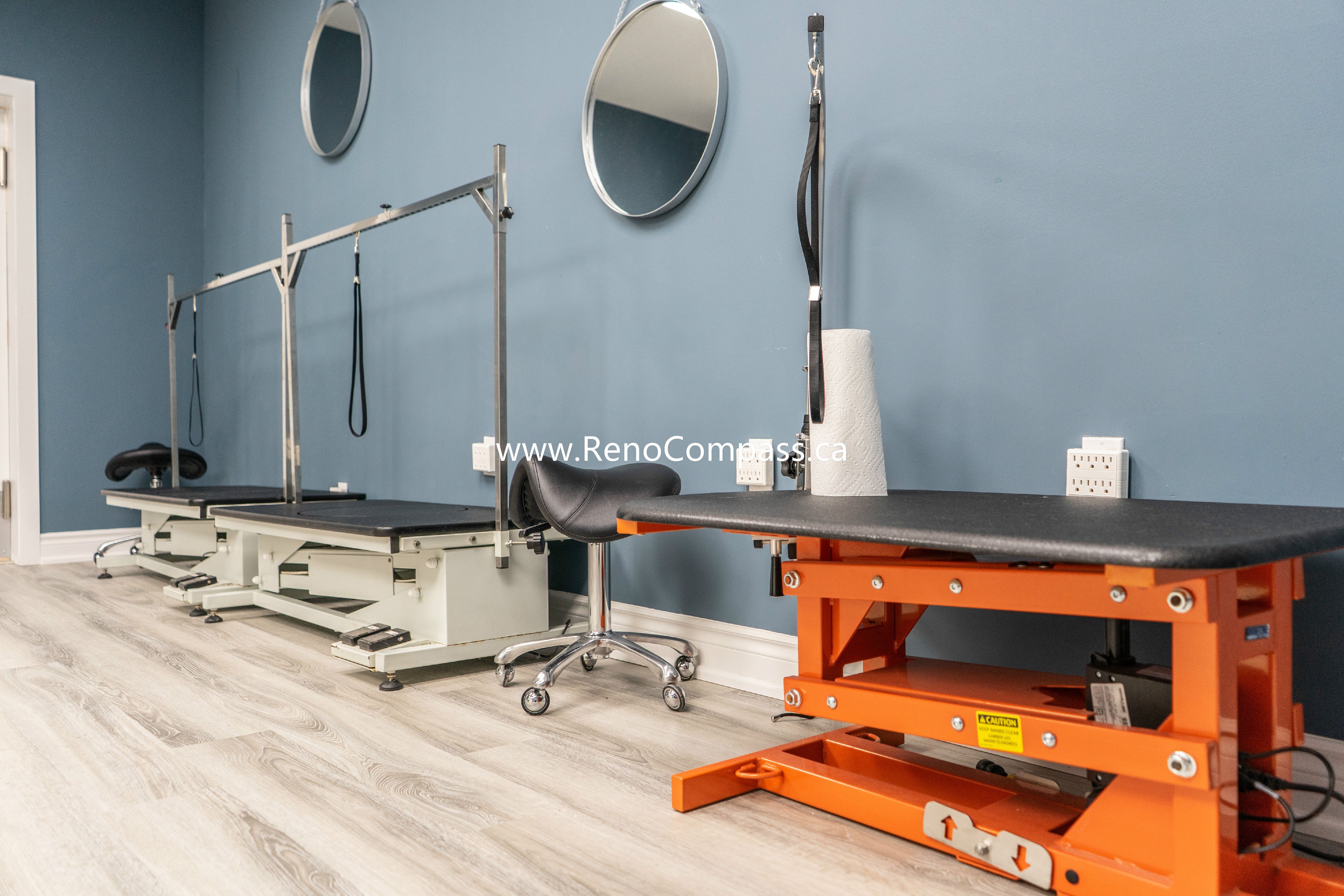 Installation of pet grooming tubs and orange flooring protection setup during Q’s Pets Richmond Hill pet store renovation by Reno Compass