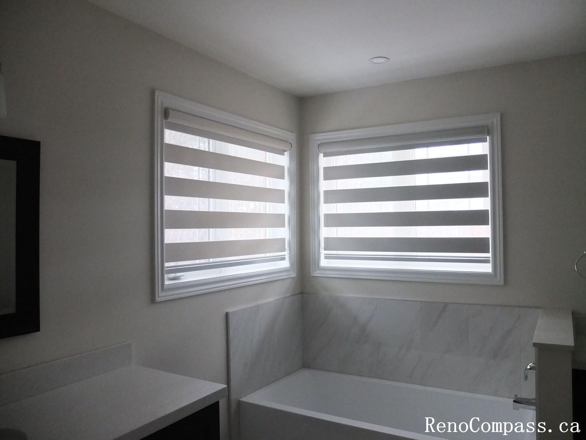 Custom zebra blinds curtains installation completed in Richmond Hill, featuring modern dual-layer window shades that provide privacy, light control, and a clean contemporary look. This professional window treatment upgrade enhances interior comfort and style, perfectly suited for modern home renovations by a trusted Toronto renovation company.
