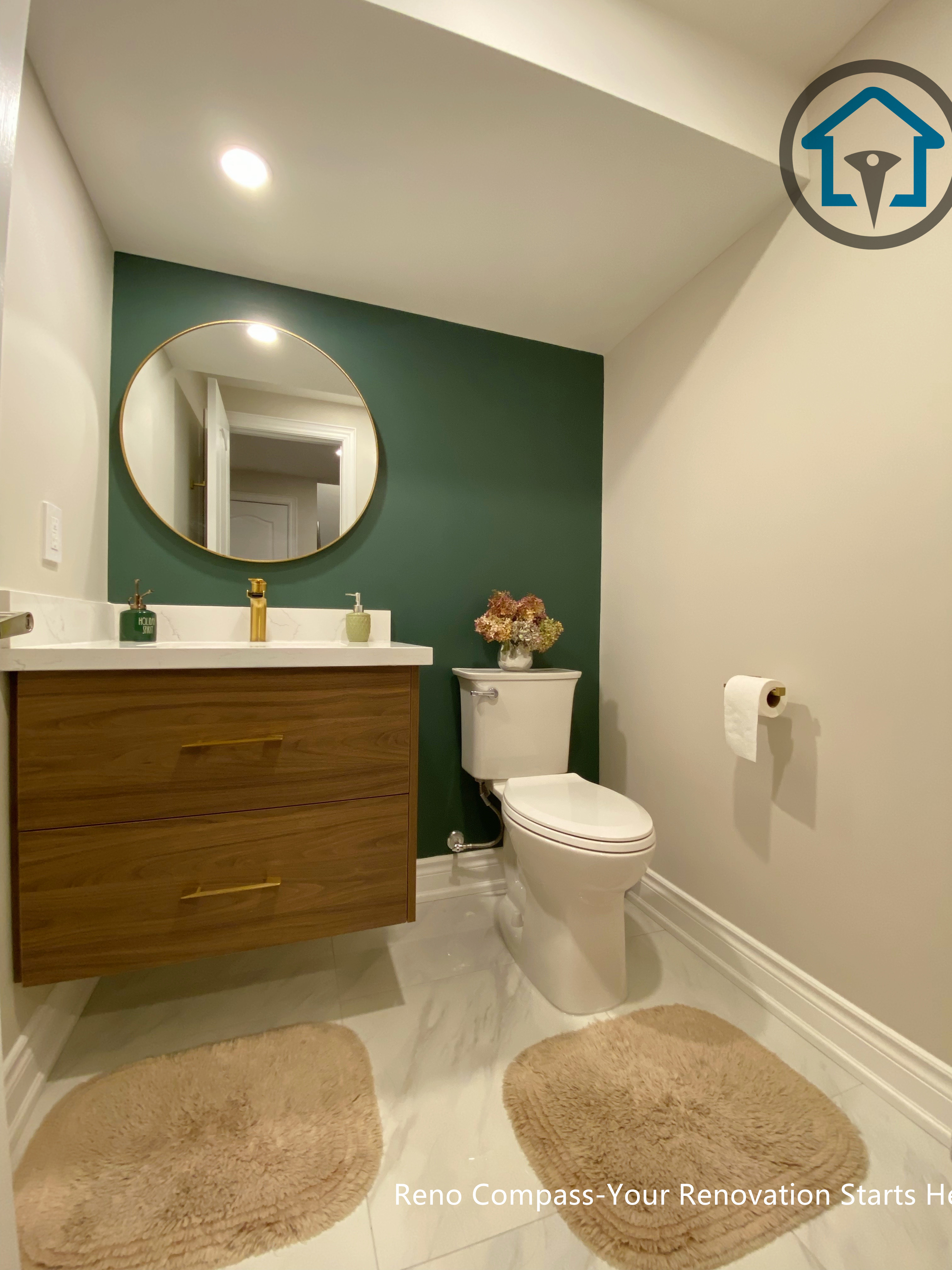 Modern basement interior renovation in Markham highlighting a green accent wall, warm wood textures, and soft lighting to create a balanced and calming atmosphere.