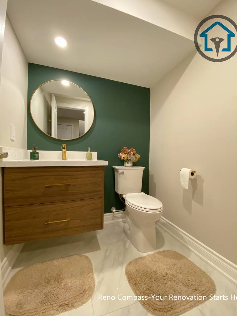 Modern basement interior renovation in Markham highlighting a green accent wall, warm wood textures, and soft lighting to create a balanced and calming atmosphere.
