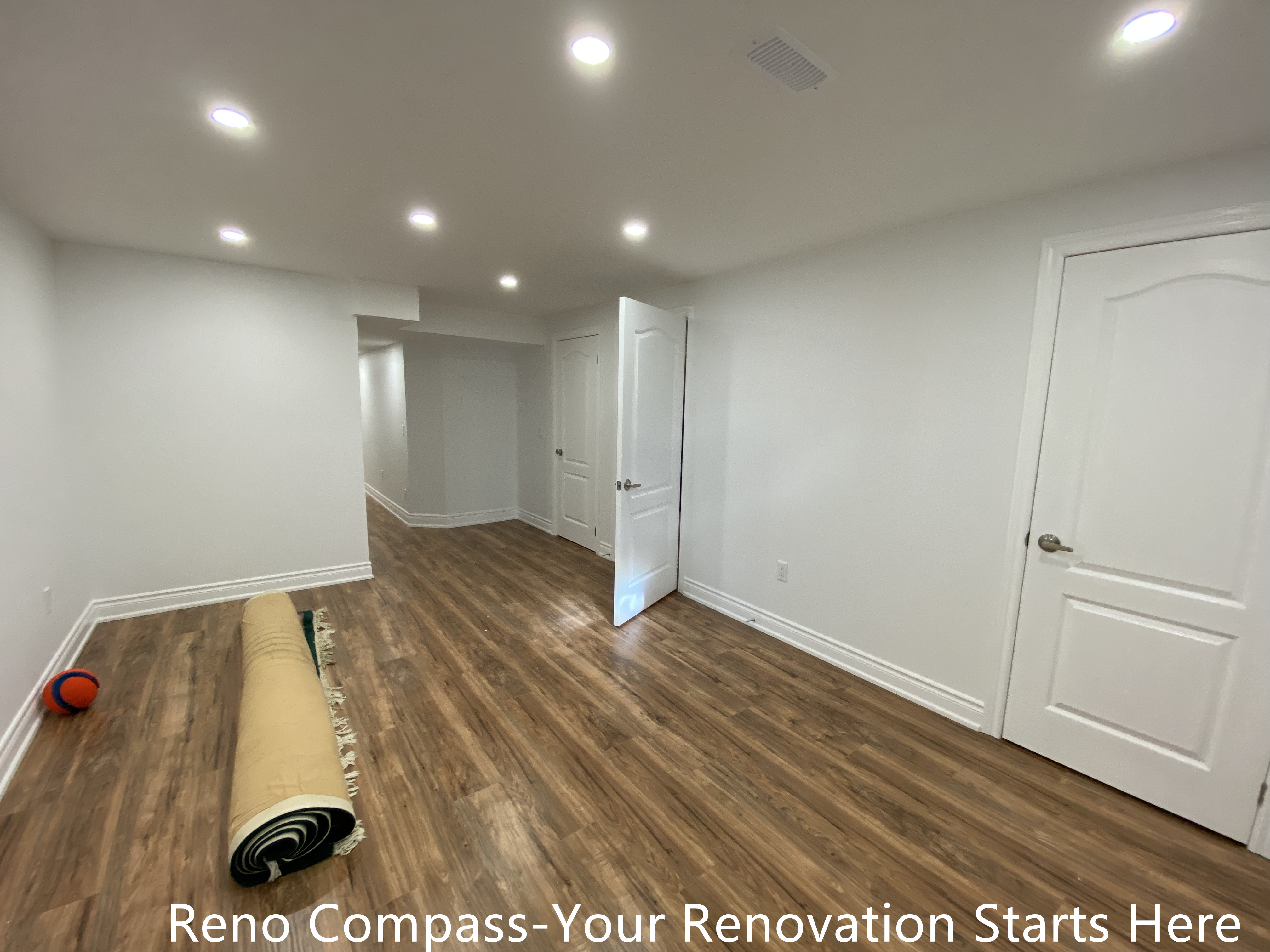 The basement staircase renovation focuses on safety, circulation, and spatial efficiency. Finished with consistent flooring, updated railings, and optimized lighting, this design improves access between levels and integrates seamlessly into the overall Bradford basement renovation project.