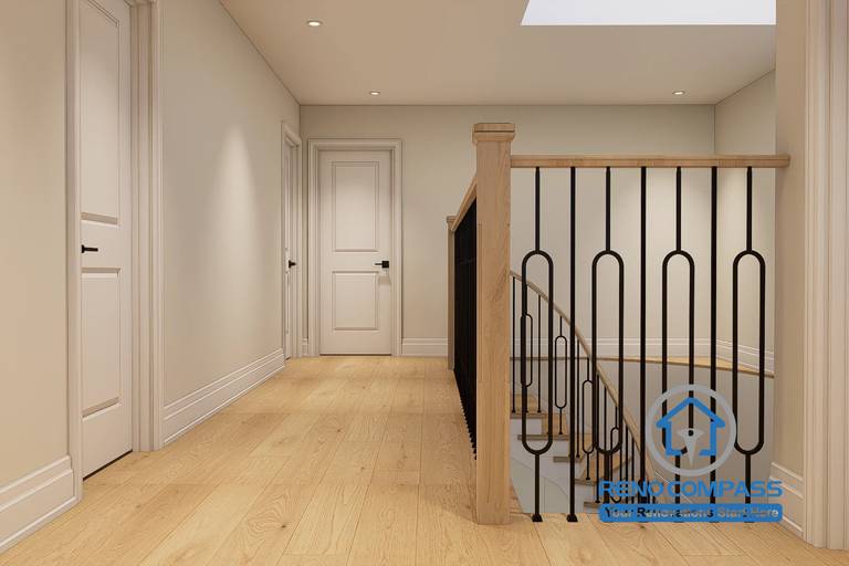 Modern staircase and upper hallway design created for a Markham whole home renovation project. Featuring natural wood flooring, custom wood posts, decorative black metal railings, and clean architectural detailing. The design enhances circulation while creating a seamless transition between living spaces throughout the home.
