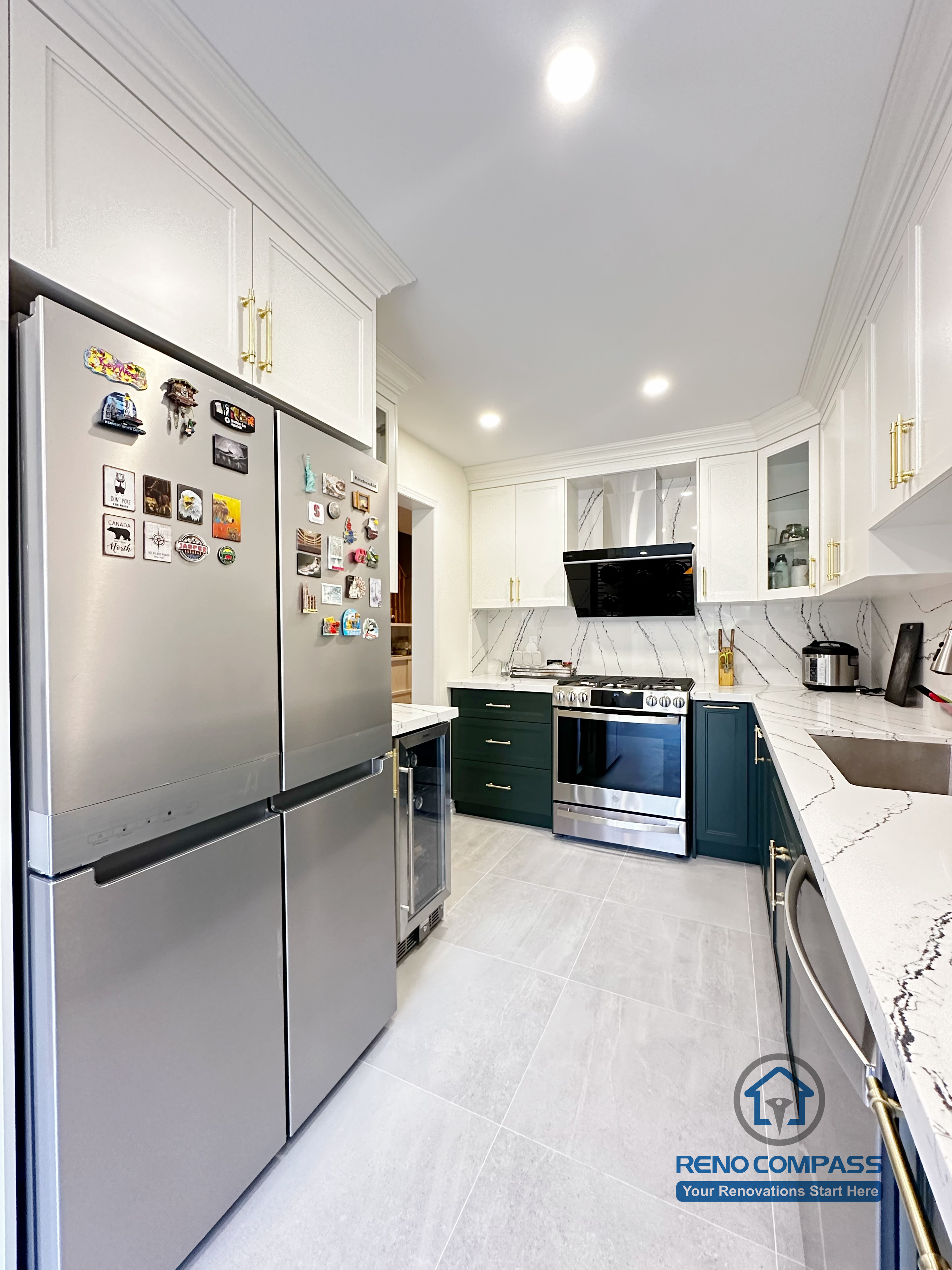This Mississauga kitchen renovation showcases a streamlined galley layout with integrated appliances, custom cabinetry, and quartz countertops. The narrow layout is optimized for efficient movement, clear work zones, and practical daily use while maintaining a bright, modern kitchen environment.