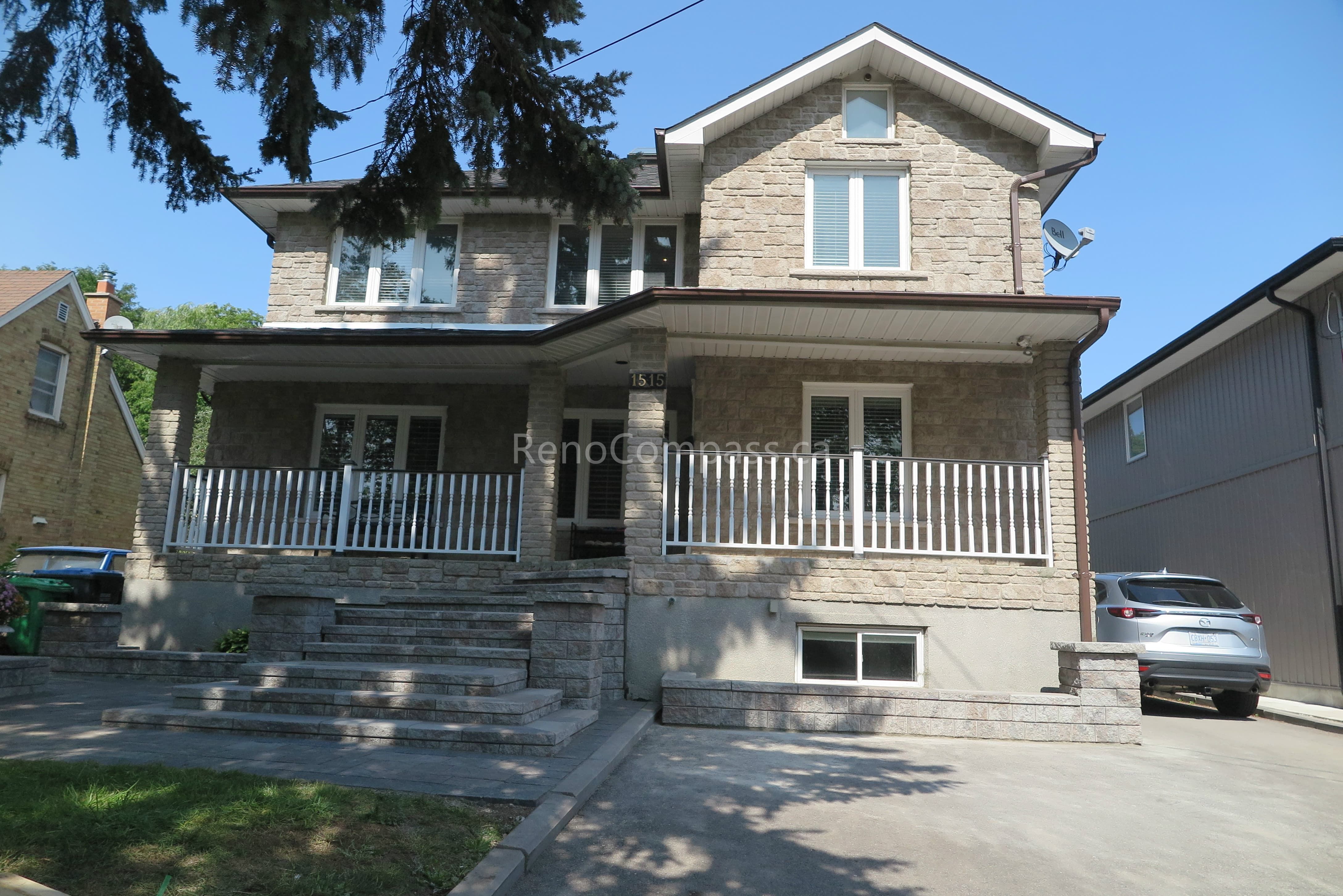 This Mississauga interlocking and landscaping renovation project features a newly installed stone driveway, upgraded front steps, and a clean, structured front yard layout. The interlocking design enhances curb appeal while improving durability and drainage. Completed by Reno Compass Inc., this project showcases professional hardscaping craftsmanship and modern exterior enhancement.