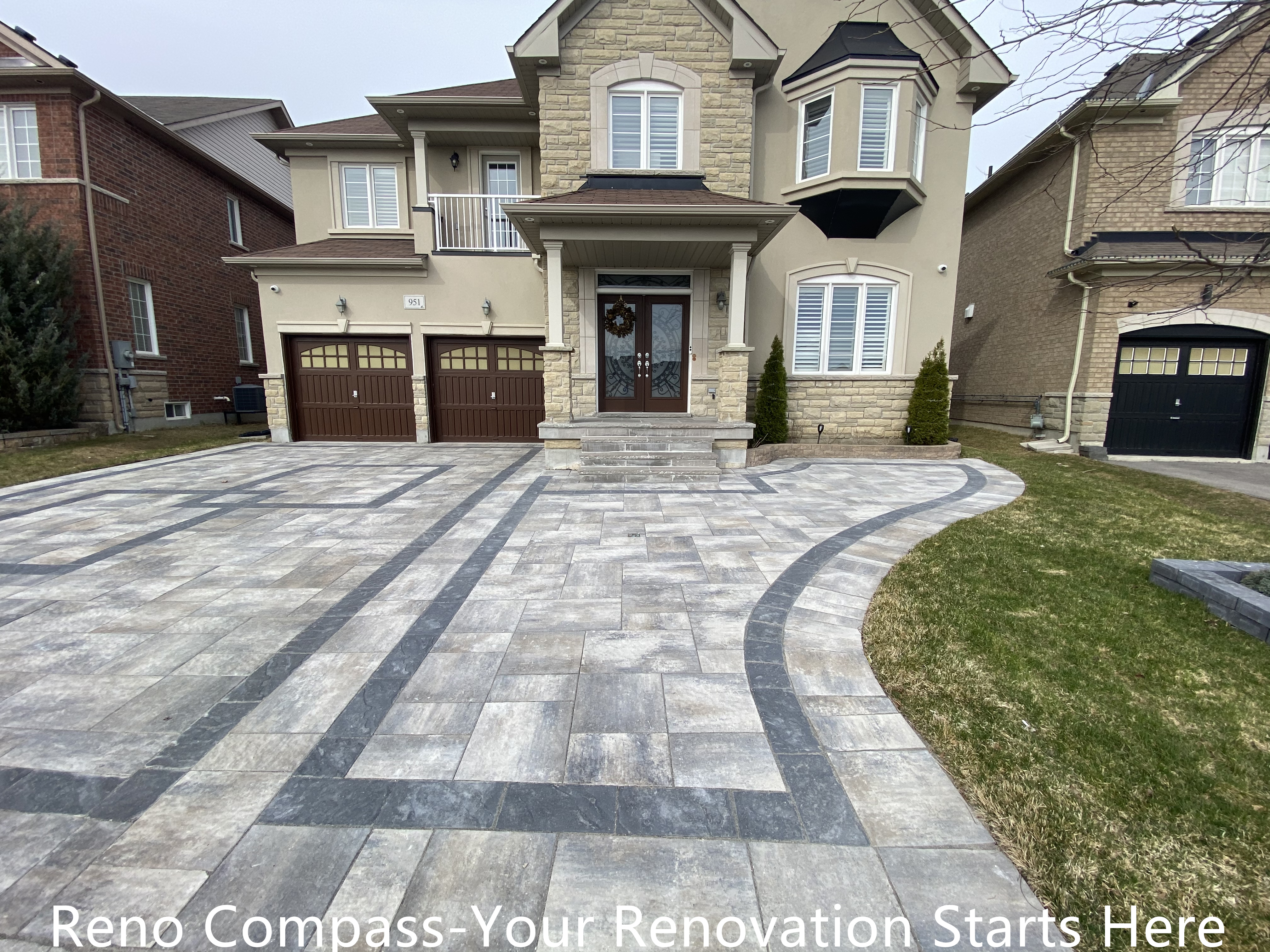 Completed interlocking driveway renovation in Newmarket featuring a large-scale front yard hardscape with patterned concrete pavers and contrasting border lines. The upgraded driveway enhances curb appeal, provides a durable parking surface, and complements the home’s exterior architecture. Designed and installed by a trusted Toronto renovation company specializing in high-quality residential exterior renovations.