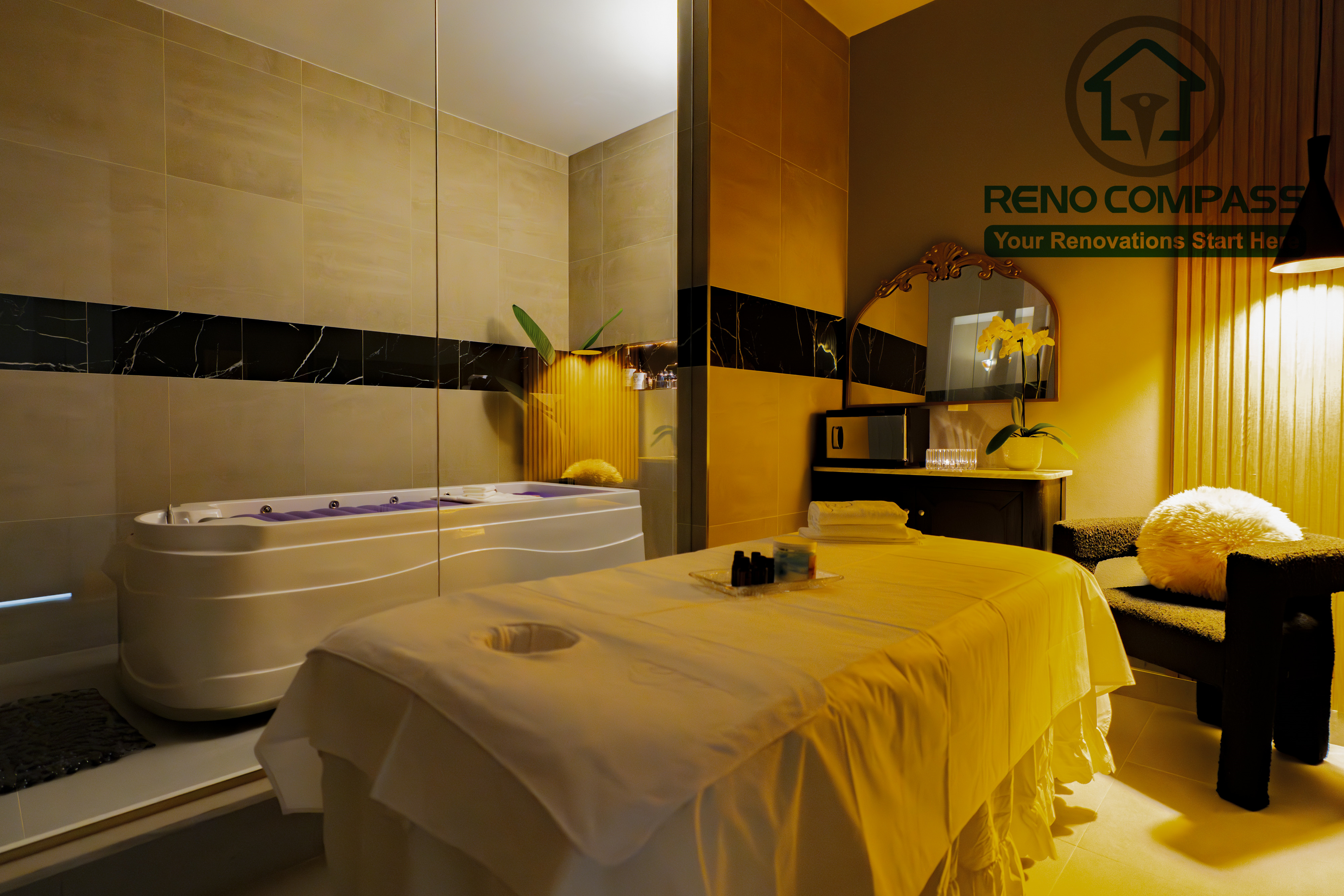 Spa treatment room completed as part of a North York beauty salon renovation. This space features professional spa equipment, glass partitioning, soft ambient lighting, and clean, moisture-resistant wall finishes. The layout is designed to support hygiene standards, client privacy, and a calm treatment environment, delivered by a professional Toronto renovation company.